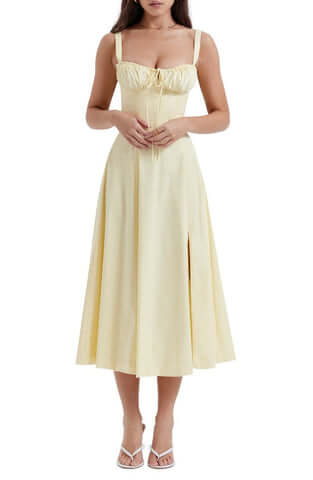 Party wear floral bustier midi dress for women, sleeveless and elegant with a fitted silhouette.