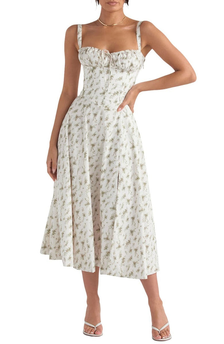 Sleeveless floral midi dress, a women's bustier design with elegant blossom print for parties.