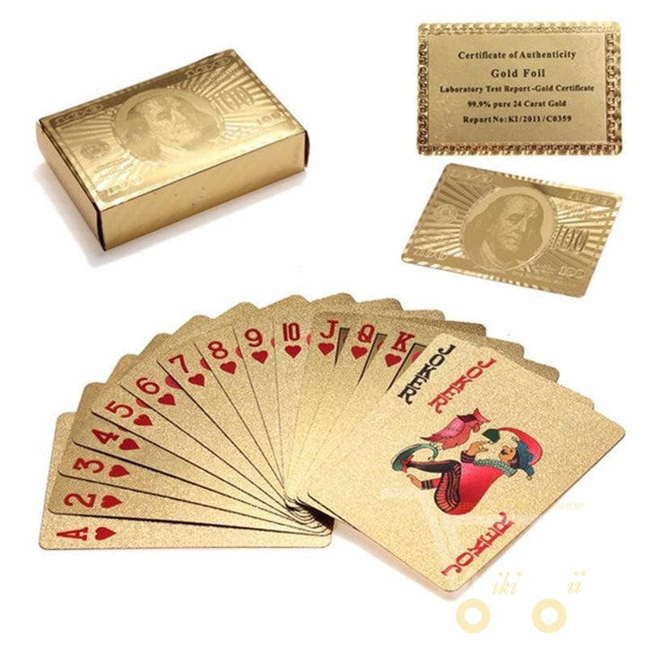 Luxury 24K gold-plated playing cards set with its elegant wooden box, a unique gift for card enthusiasts.
