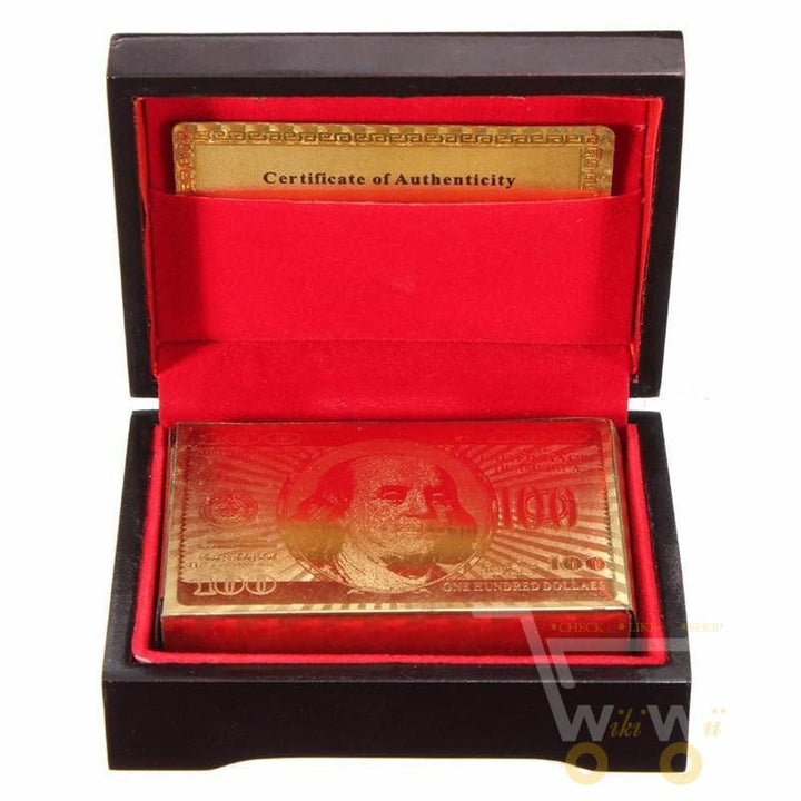 Luxury 24K gold-plated playing cards set in a premium wooden box. Ideal for game night or as a collectible gift.