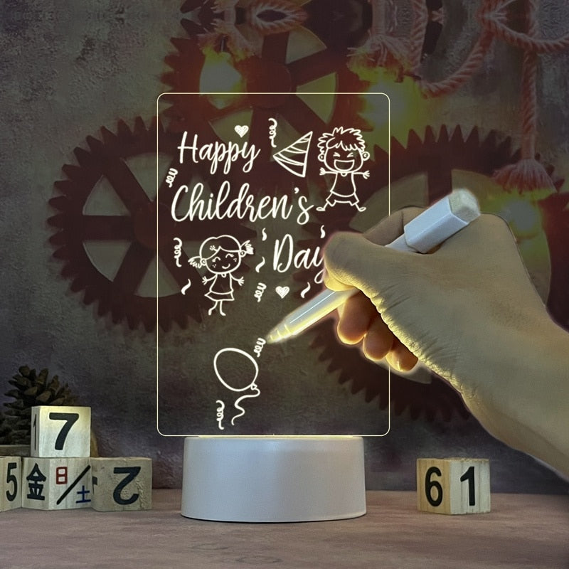 Clear acrylic LED message board with dry erase pen for easy note-taking at home or office communication.