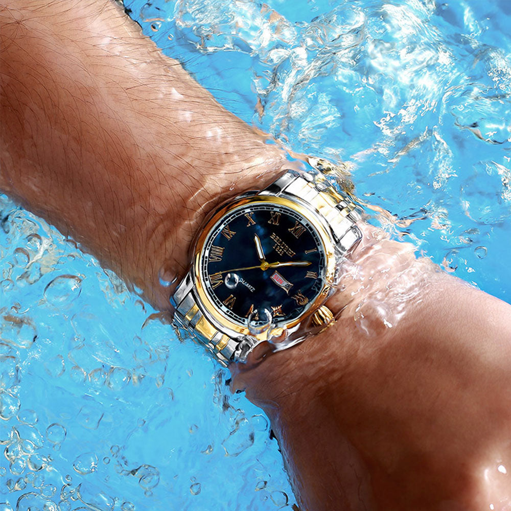 Durable men's classic stainless steel watch. Elegant luminous calendar timepiece. Waterproof & analog.