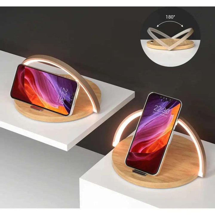 AuraGlow Smart Wireless Charging Dock with Dimmable Bedside Lamp. Fast phone charger & LED night light organizer.