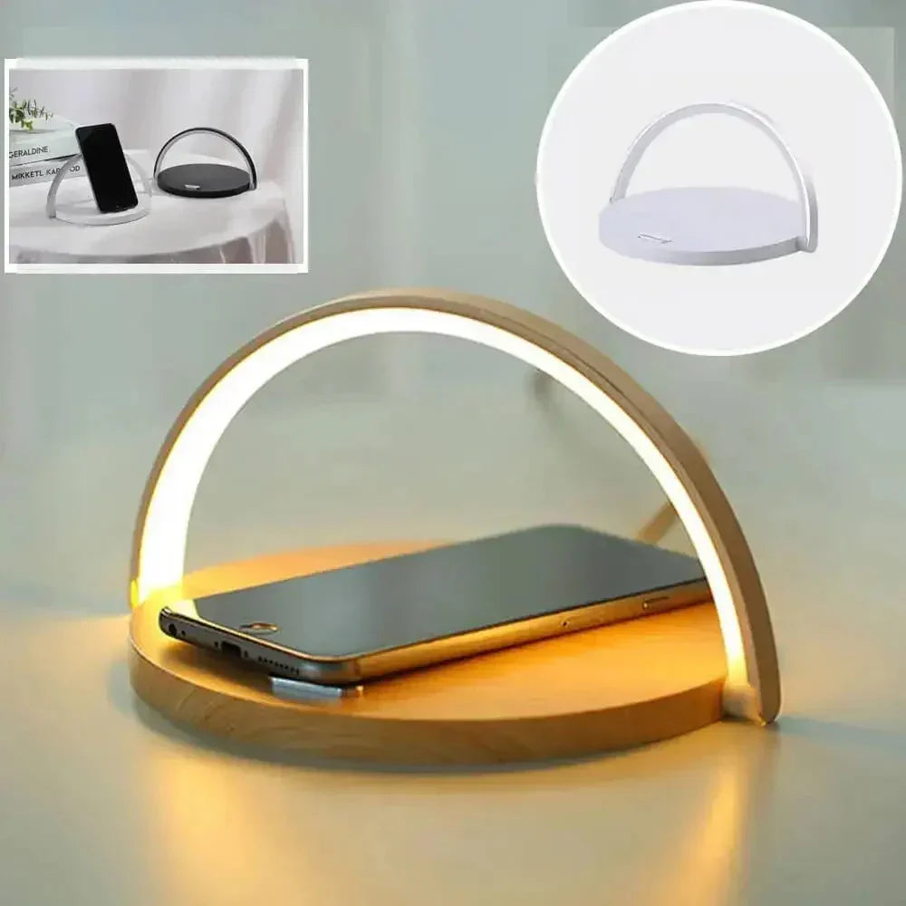 Apple-compatible AuraGlow fast wireless charging dock with dimmable LED bedside lamp, a smart device organizer.