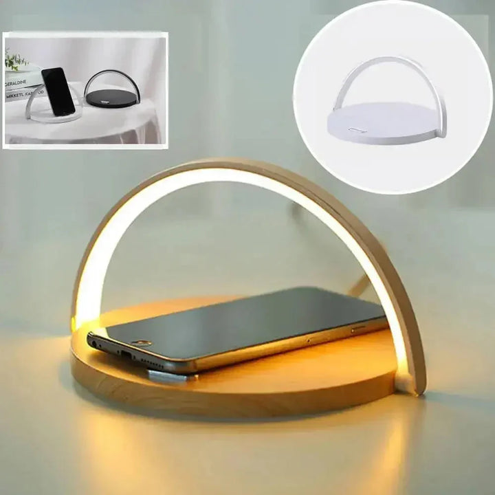 Apple-compatible AuraGlow fast wireless charging dock with dimmable LED bedside lamp, a smart device organizer.