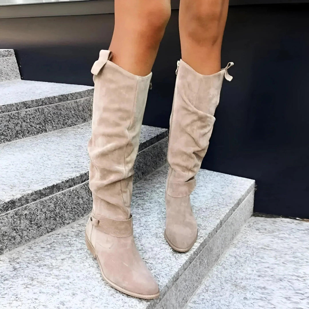 Comfortable beige knee-high boots for women, an elegant & versatile choice for everyday style & fall fashion.