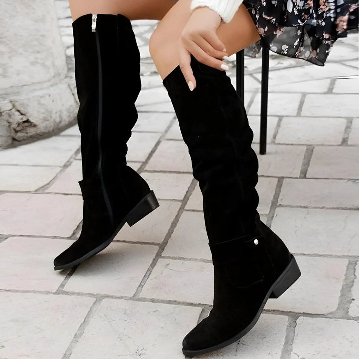 Dressy black knee-high boots for women, providing elegant style & all-day comfort. Ideal for office or evening wear.