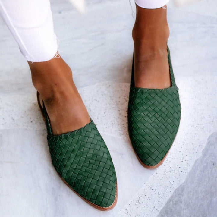 Textured woven women's slingback sandals with a sharp pointed toe, blending comfort and elegant summer fashion.