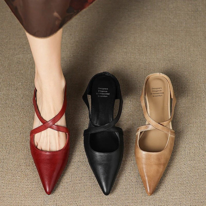 Versatile women's Eloise cross-strap mules, pointed toe, low heel. Ideal elegant & comfortable footwear.