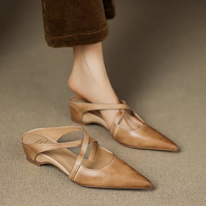 Eloise women's pointed-toe mules, easy slip-on style with fashionable cross-straps and low heel.