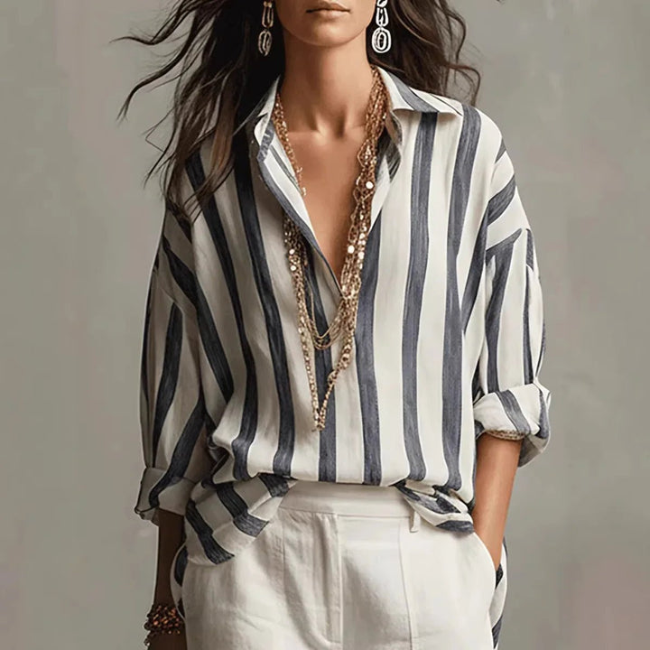 Women's chic vertical striped blouse with an elegant open collar & long sleeves. Perfect for smart casual or office wear.