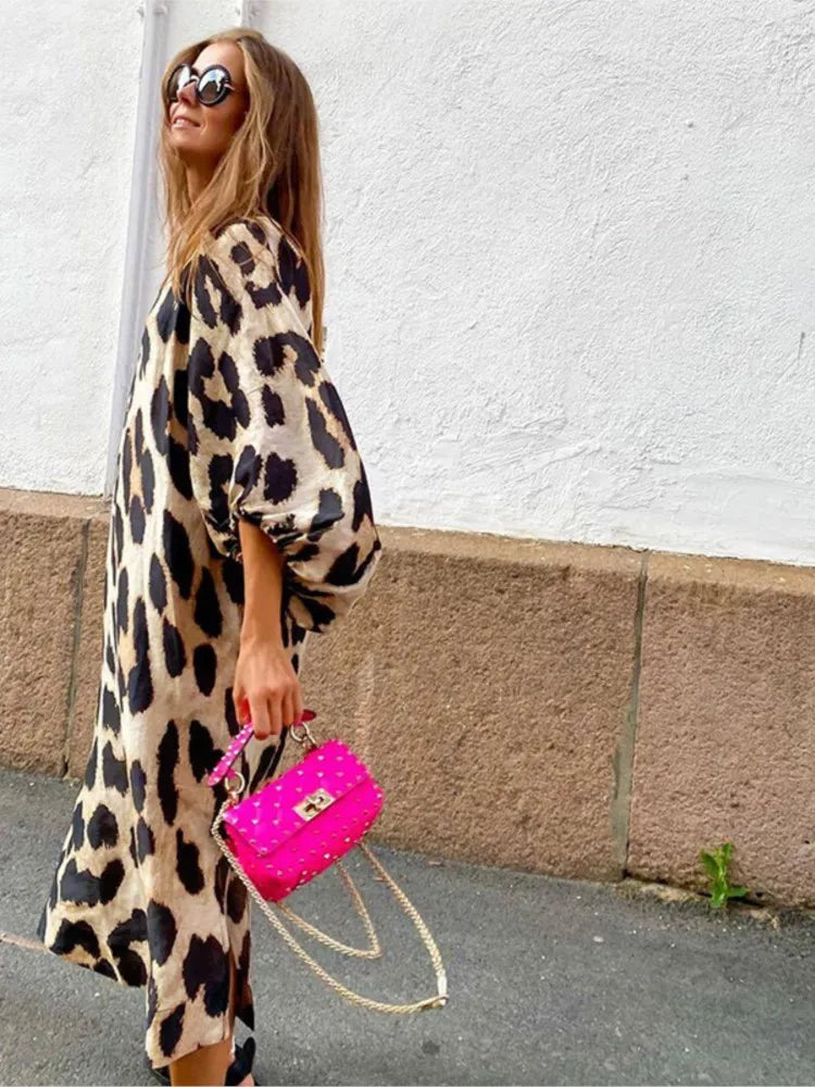 Trendy animal print midi dress for women, a chic & flattering fashion statement piece.