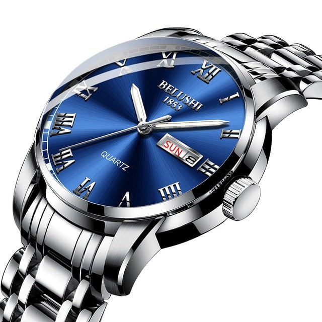 Luminous men's calendar watch. Stainless steel, analog display. Perfect elegant accessory for daily wear.