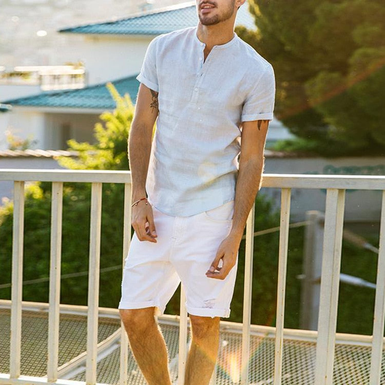 Men's breathable short sleeve v-neck t-shirt, offering lightweight comfort for summer style.