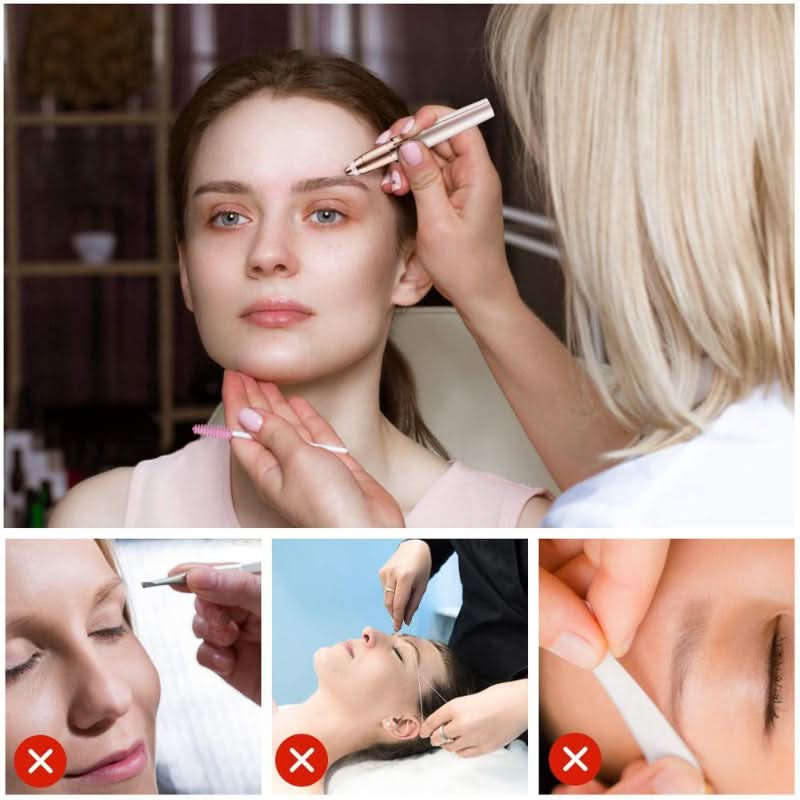 Complete set: precision eyebrow trimmer, cleaning brush, USB cable. Effortless brow shaping and painless hair removal.