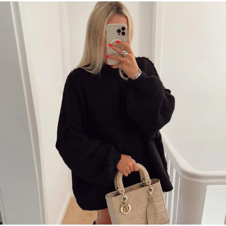 Women's fluffy oversized comfort sweater in a cozy, relaxed fit for winter fashion.