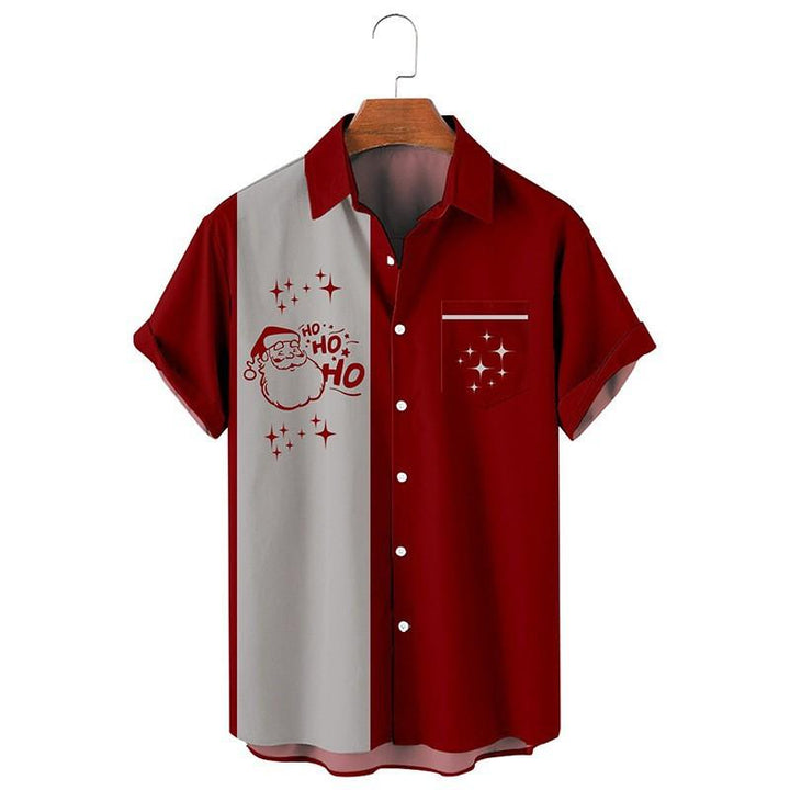 Close-up of men's Christmas button-up shirt, showcasing the detailed holiday print and casual fabric.