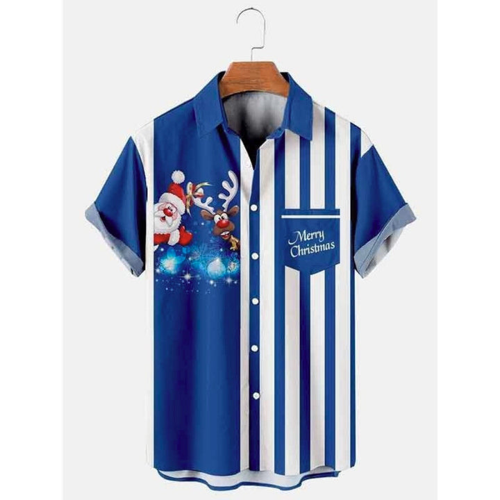 Men's holiday fashion: a festive short-sleeve Christmas button-up shirt with a vibrant print. Party-ready.