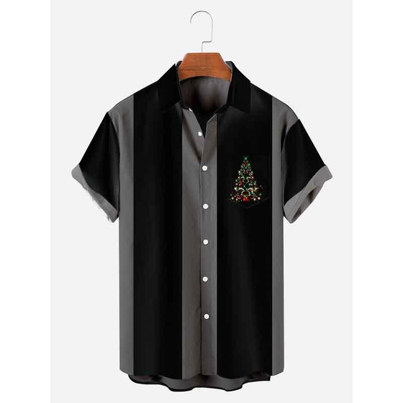 Shop men's festive Christmas button-up shirts. Short-sleeve casual wear with holiday print. Perfect gift.