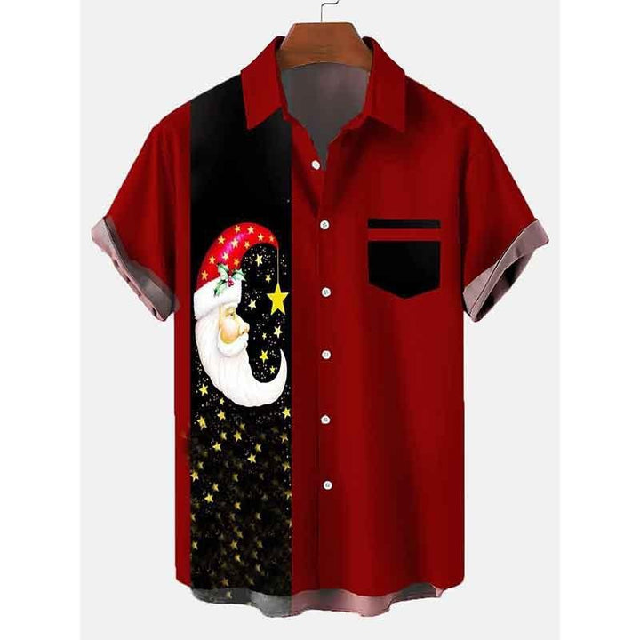 Men's festive holiday button-up shirt, short sleeve & printed, a stylish choice for any Christmas party.