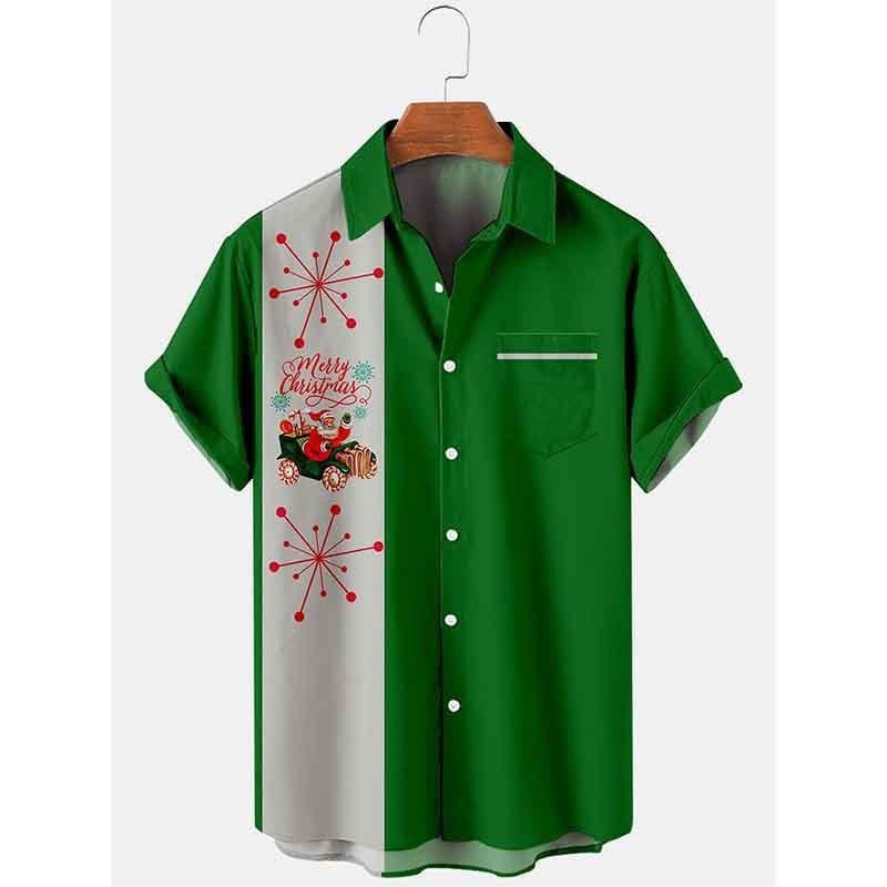 Unique men's Christmas shirt with a cheerful holiday print. Short-sleeve button-up, perfect party fashion.