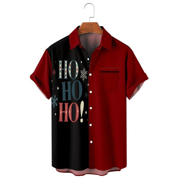 Men's festive short-sleeve Christmas button-up shirt, a stylish holiday party essential with a cool print.