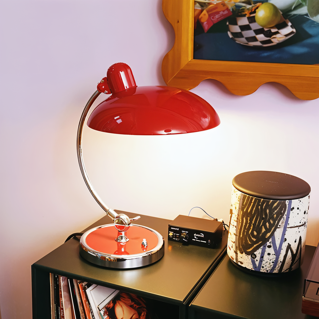 Modern industrial desk lamp with vintage appeal, perfect for home office lighting.