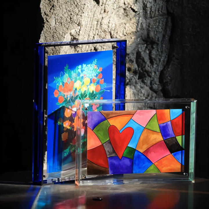 Vibrant 80s retro acrylic photo frame, perfect for desk or wall picture display.