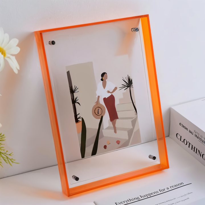 Clear acrylic photo frame with 80s neon colors, retro desk & wall art display.
