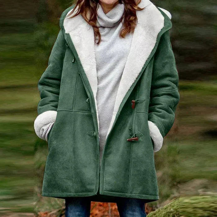 Women's classic hooded toggle coat. Super warm winter outerwear for comfortable cold weather fashion.