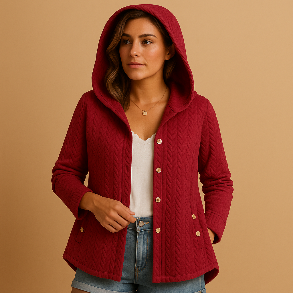 Women's elegant hooded long winter coat, featuring a button closure. Perfect outerwear for cold weather layering.