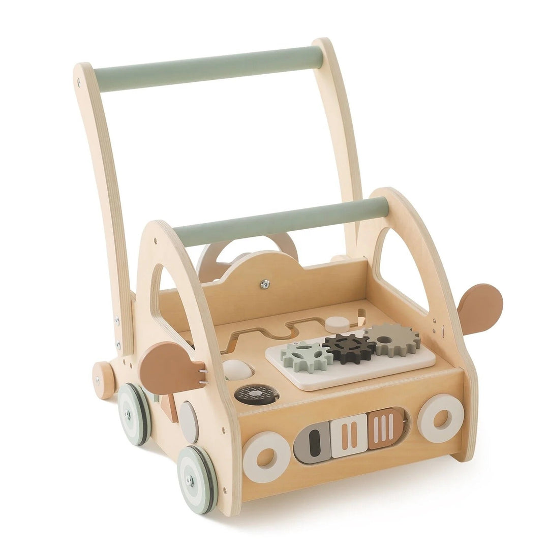 Multi-activity wooden Montessori baby walker with mirrors & interactive play for toddlers' first steps.