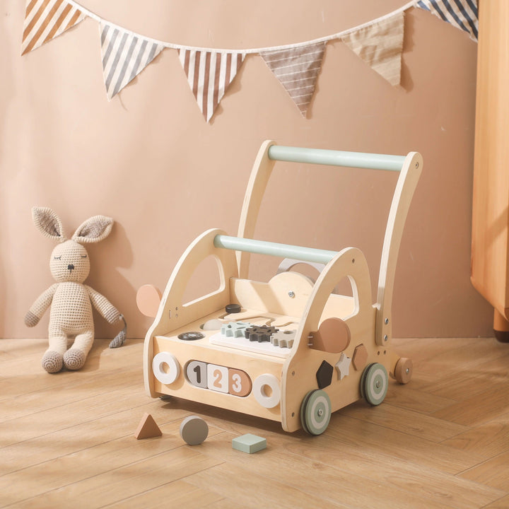 High-quality wooden Montessori learning walker, push toy for babies, featuring interactive mirrors & games.