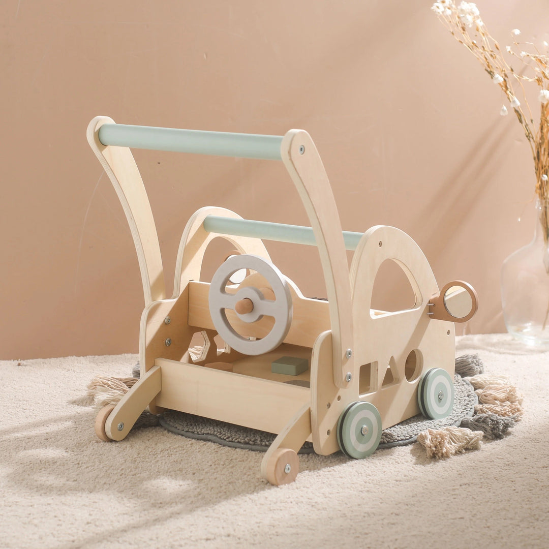 Kids' wooden push toy & Montessori walker with engaging play parts and mirrors for infant development.