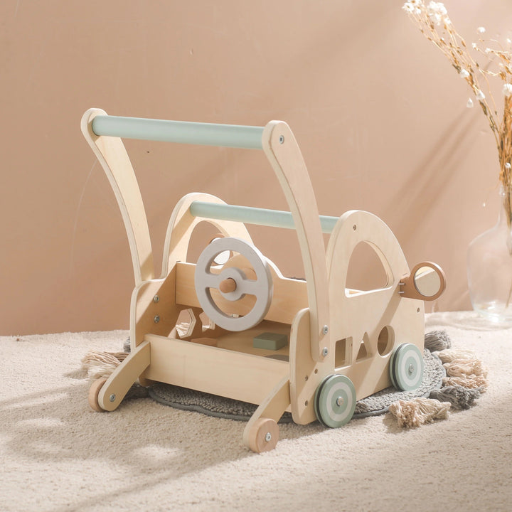 Kids' wooden push toy & Montessori walker with engaging play parts and mirrors for infant development.
