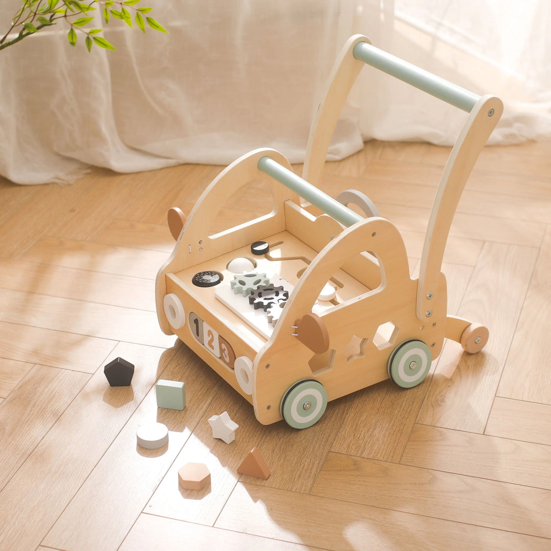 Wooden baby walker & Montessori push toy with mirrors, perfect for toddlers learning first steps.