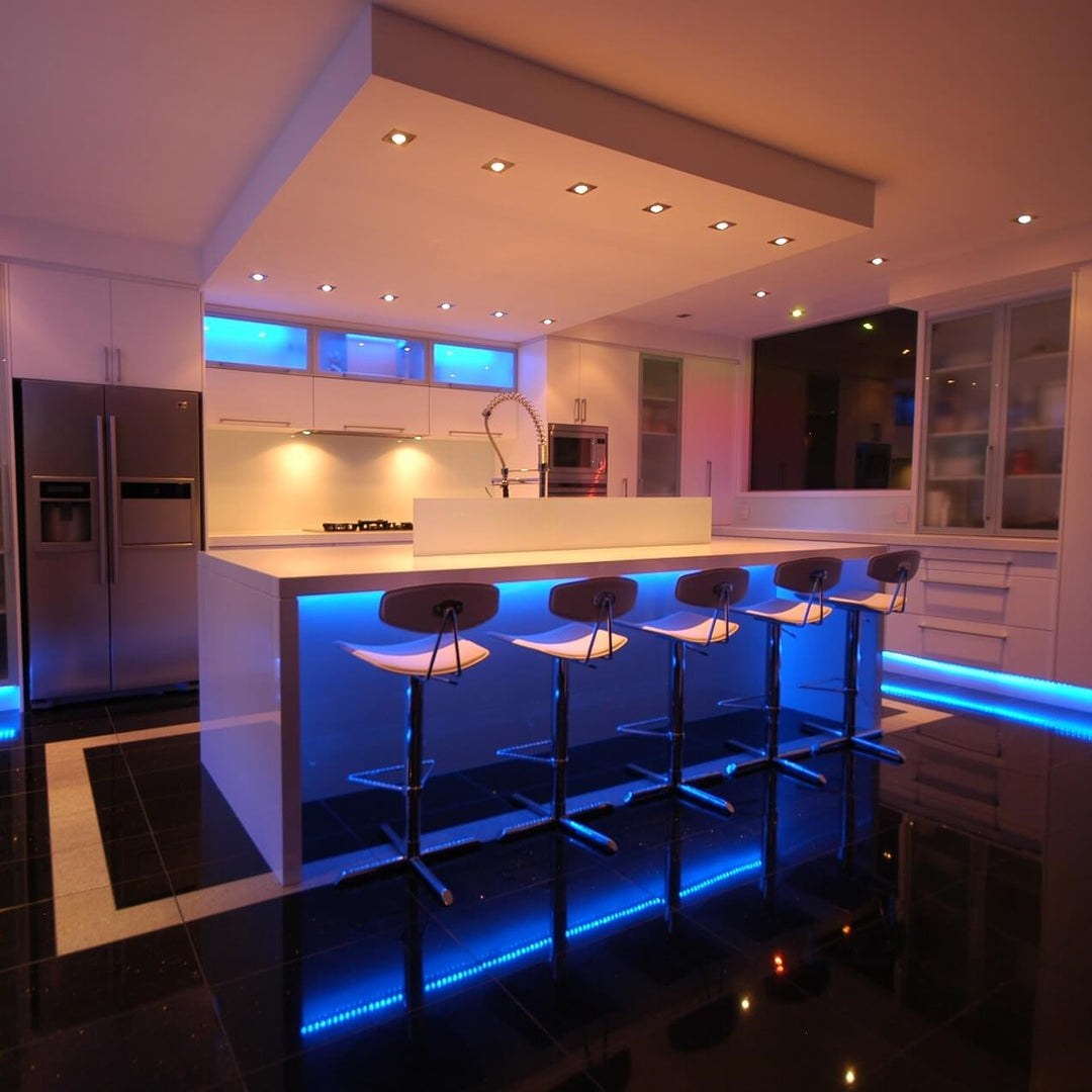 Dynamic RGB LED strip lights illuminating a living room, creating vibrant backlight and mood ambiance.