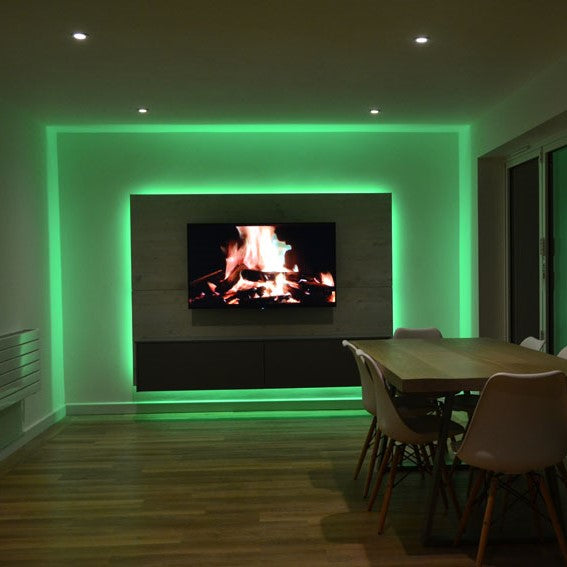 Color changing RGB LED strip lights creating vibrant ambiance and accent lighting for modern home decor.