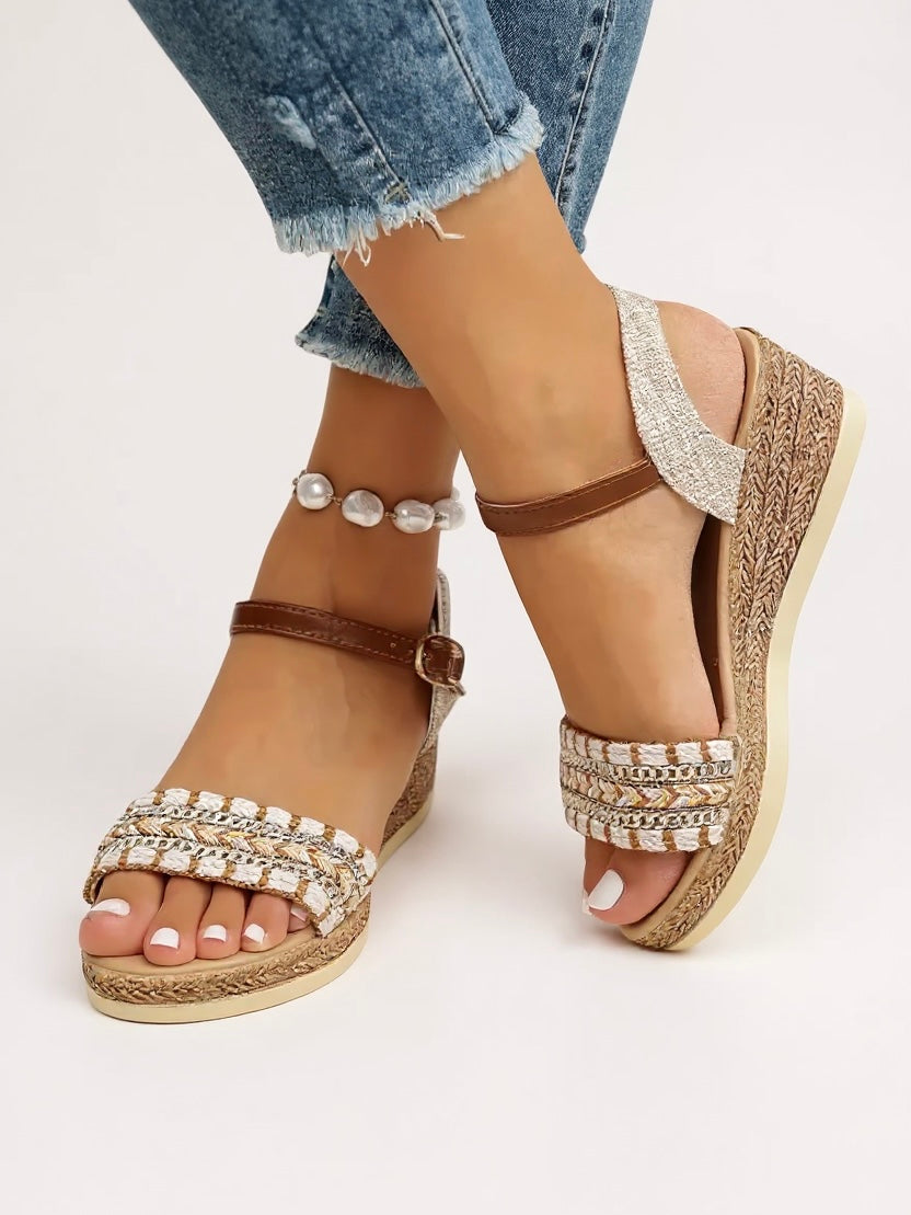 Comfortable women's braided wedge sandals, versatile for dressy or casual summer shoes.