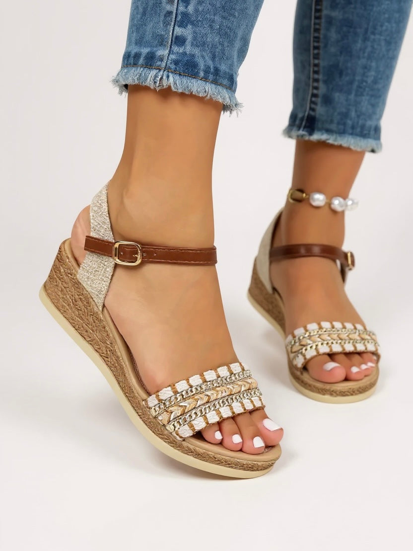 Stylish women's braided wedge sandals, perfect for summer events, offering both comfort and chic appeal.