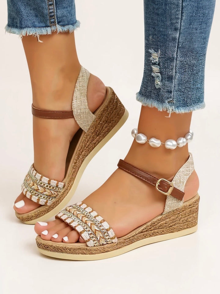 Chic women's braided wedge sandals, perfect for stylish summer outfits and elegant footwear.