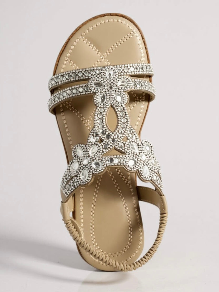 Fashionable women's evening wear sandals, sparkling & embellished with a comfortable cushioned sole.