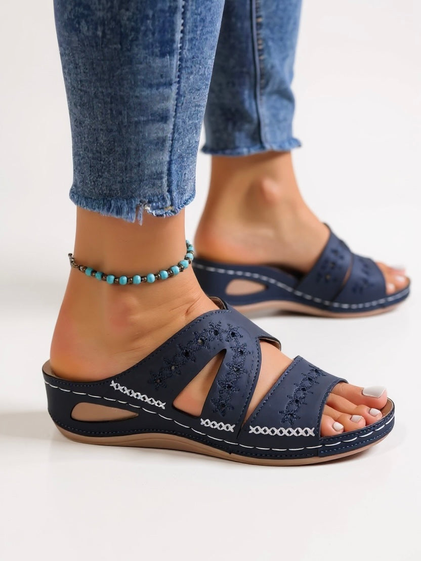 Women's embroidered slip-on sandals, comfortable slides for summer casual wear.