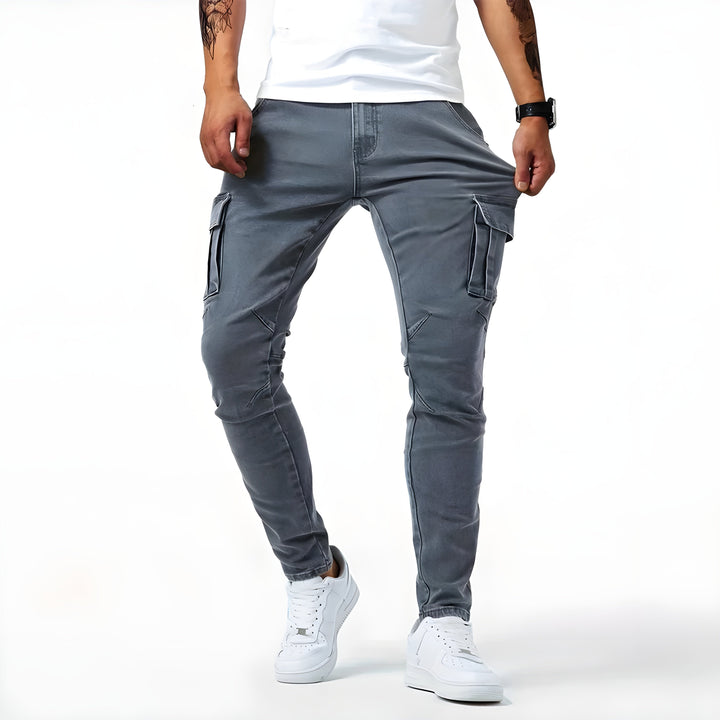Stylish men's slim cargo pants in black, perfect for trendy casual wear and everyday comfort with multiple pockets.