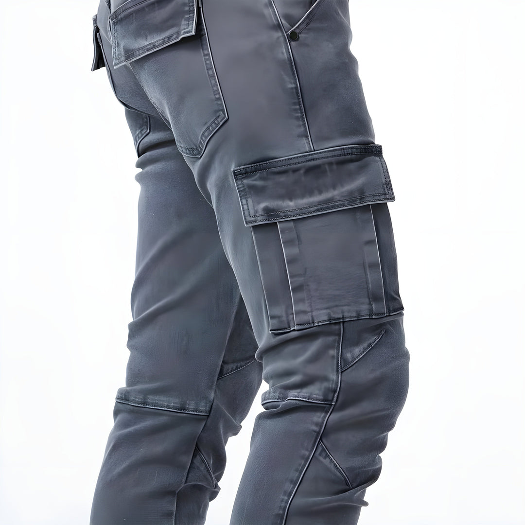 Blue men's slim cargo pants, blending outdoor style with comfortable, versatile everyday fashion & ample pockets.