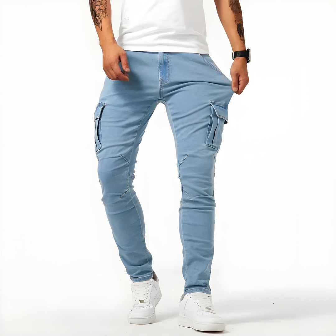 Trendy blue men's cargo pants in a slim fit, ideal for modern casual fashion and comfortable multi-pocket utility.