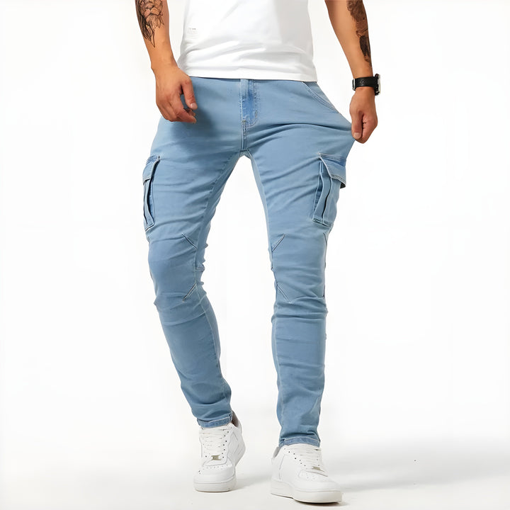 Trendy blue men's cargo pants in a slim fit, ideal for modern casual fashion and comfortable multi-pocket utility.