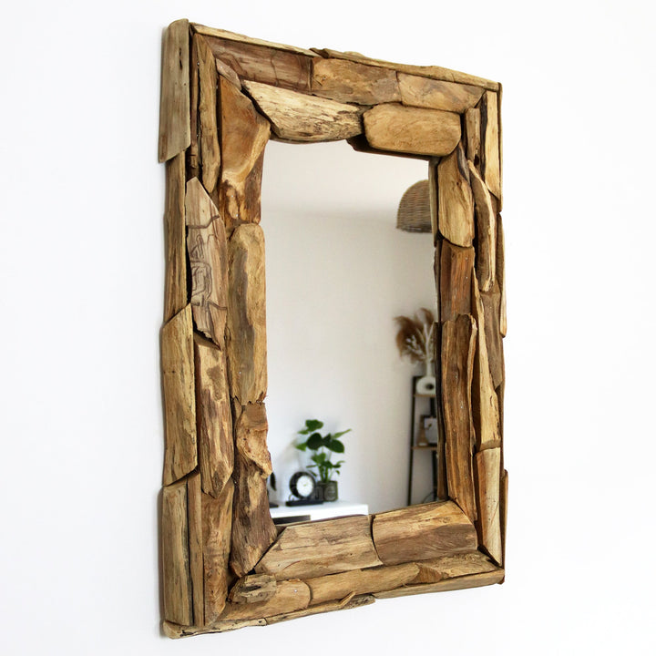 Sustainable rectangular mirror featuring a natural reclaimed teak wood frame, adding rustic charm to any wall.