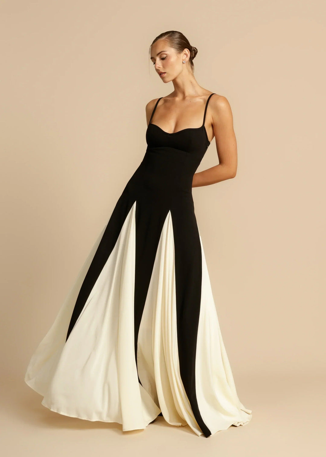 Elegant women's long maxi dress, perfect party wear. Timeless black & white formal evening gown for special occasions.