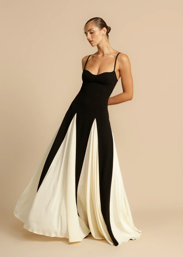 Elegant women's long maxi dress, perfect party wear. Timeless black & white formal evening gown for special occasions.